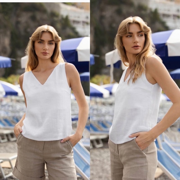 Linen Hand Made Studio V-Neck Top Carrie Optic White Lithuanian Linen , size L - Picture 1 of 15